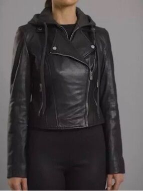 Women's Black Leather Hooded Asymmetrical Zip Jacket